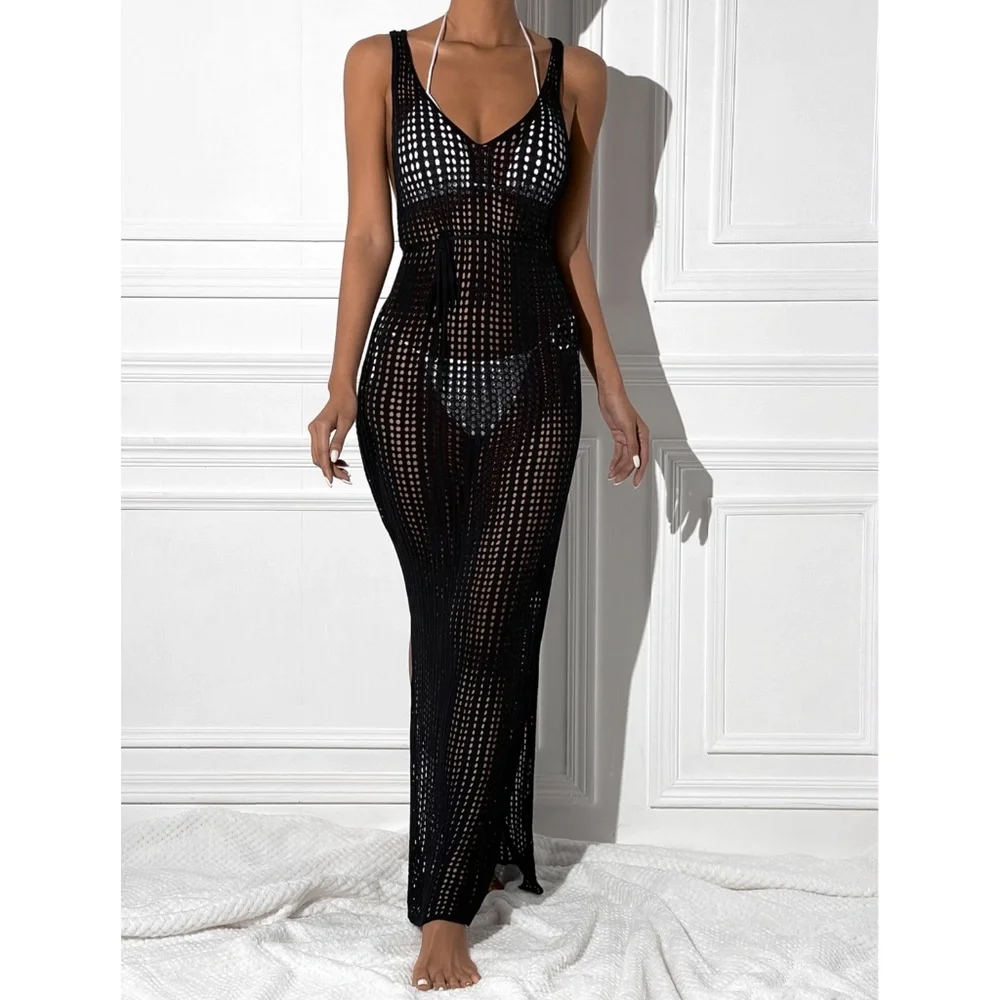 Black Knitted Long Swim Coverup Open Back Waist Ties - Picture 2 of 6